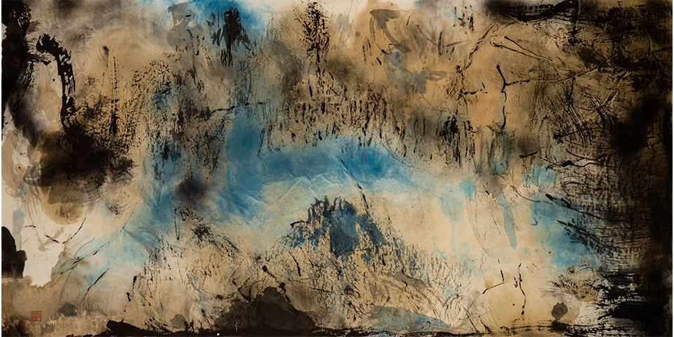 Mountain Mist<br/> Chinese ink, coffee and acrylic on paper<br/> 80 cm x 148 cm<br/> ©Chloe Ho 2023